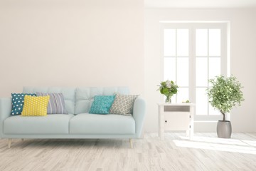 Stylish room in white color with sofa. Scandinavian interior design. 3D illustration
