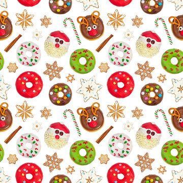 Seamless pattern with christmas ginger cookies, donuts, candy and cinnamon