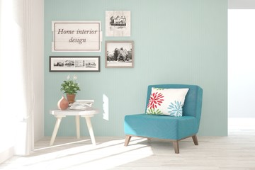 Stylish room in blue color with armchair. Scandinavian interior design. 3D illustration