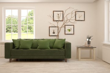 Stylish room in white color with sofa and summer landscape in window. Scandinavian interior design. 3D illustration