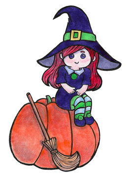 watercolor illustration, beautiful Halloween cute witch in purple costume on big pumpkin with broom on white background
