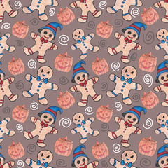 watercolor illustration, Seamless pattern, beautiful Halloween cute gingerbread men on a brown background with curlicues