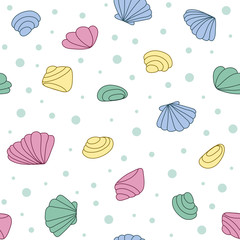 Seashells seamless pattern vector. Doodle colorful background. Sketch objects marine illustration