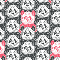 Cute funny cartoon panda seamless pattern. Vector illustration hand drawn in lines. Trendy doodle background