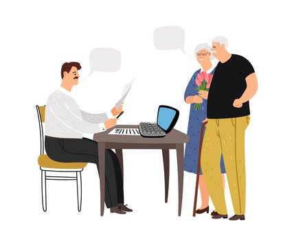 Social worker. Elderly couple at social worker. Paperwork, employee of government agency at work. Vector elderly characters