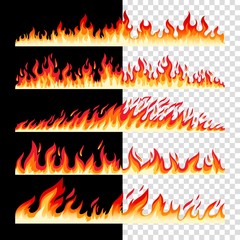 Horizontal seamless fire borders on checkerd and black bacground, vector icons collection