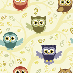 Owls in the summer forest seamless pattern. Owls on a tree. Background for fabric, textile, wallpaper, posters, gift wrapping paper, napkin, pajamas. Print for children.