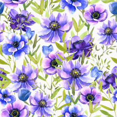 Floral watercolor seamless pattern with anemones on white background.