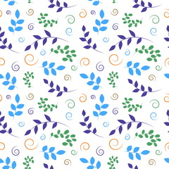 Seamless pattern with sprigs, leaves and curls. Colorful background for design and decoration of packaging, covers, cards. Template for printing on fabric.