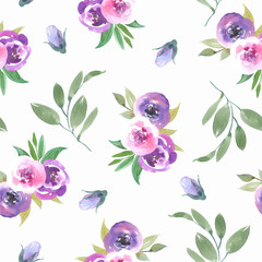 Beautiful floral watercolor seamless pattern with bouquets of roses on white background.