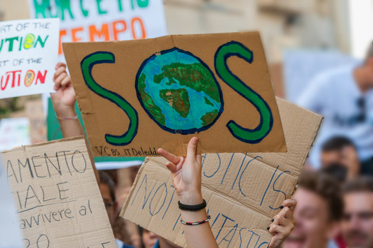 Fridays for future: students hands showing  banners and boards