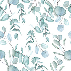 Tropical watercolor seamless pattern with eucalyptus leaves on white background for design.