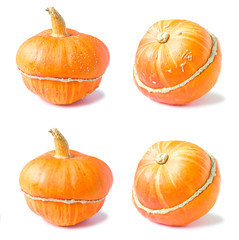Orange decorative pumpkin isolated on a white background. Autumn harvest season. Vegetable with and without scars