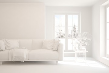Mock up of stylish room in white color with sofa. Scandinavian interior design. 3D illustration