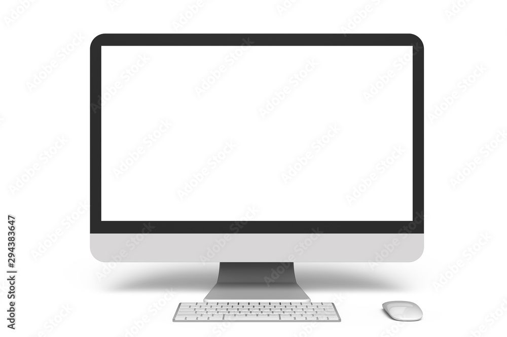 Poster empty screen desktop keyboard, mouse front view on the white background