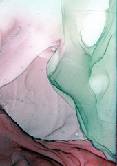 Abstract illustration in alcohol ink technique. Green, brown and lavender marble texture. Wash drawing effect wallpaper. Modern illustration for card design, banners, ethereal graphic design.