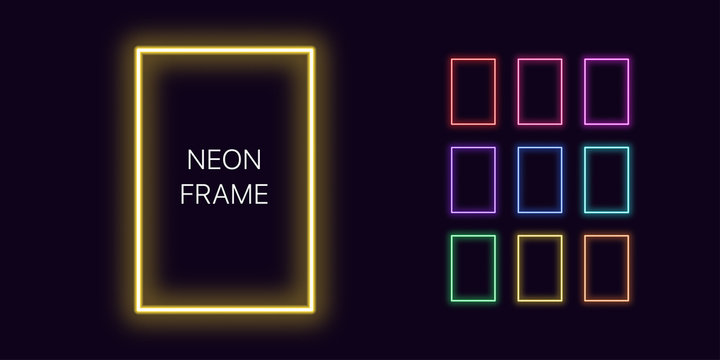 Neon monochrome vertical rectangle Border with copy space. Templates set