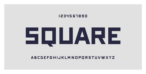 Square typography. Geometric font typeface, numbers and letters set. Creative alphabet. Vector illustration. For technology, gaming, sports and architecture subjects.