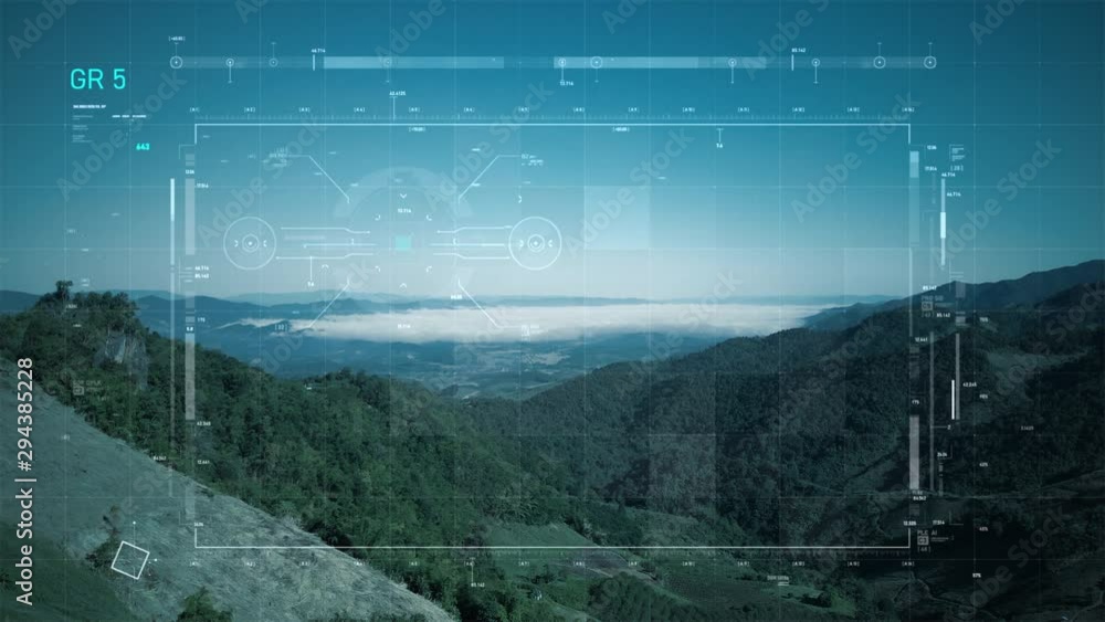 Poster aerial view scenic landscape of the forest and drone user interface with graph bar scale for cyber a