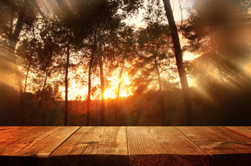 background of empty table in front of blurry autumn bokeh. Ready for product display montage