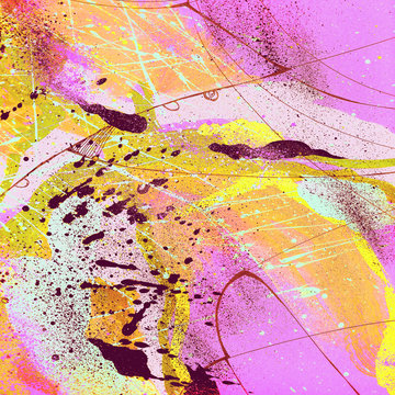 Abstract illustration drawn by acrylic spots and splashes, lines.