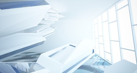 Obraz premium Abstract architectural white and glass gradient color interior of a minimalist house with water. 3D illustration and rendering.