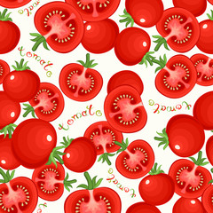 Seamless pattern with whole and sliced tomatoes and colorful titles.