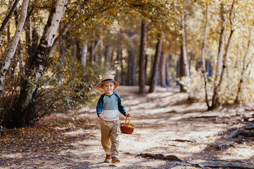 Stylish boy in a hat with a basket. boy in the park in a hat with a basket in autumn