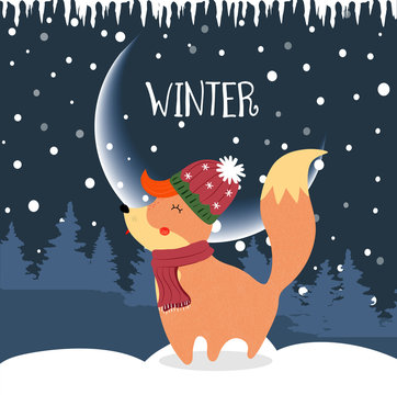 Cute winter fox in knitted hat and scarf at night