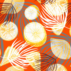 tropical fruit print on a red background. juicy watercolor oranges, lemons, white and gray palm leaves. citrus and plant seamless pattern.