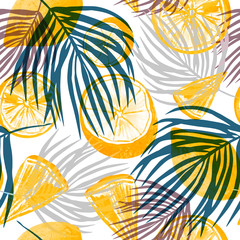 watercolor oranges in the shadow of palm branches. citrus print on a white background. tropical fruits and leaves seamless pattern. for fabric, t-shirts, swimwear, kitchen decor.