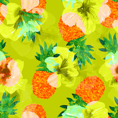 watercolor print of pineapple and hibiscus. tropical seamless pattern of translucent large flowers and bright fruits, on a green background.