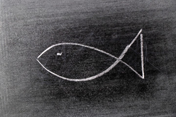 Fototapeta na wymiar White chalk drawing in fish shape on blackboard background