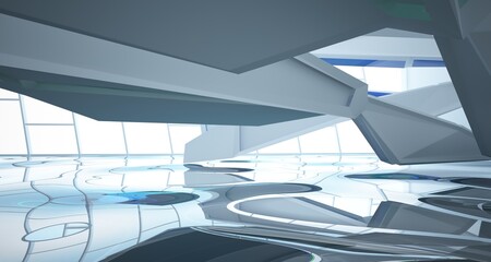 Abstract architectural white and glass gradient color interior of a minimalist house with water. 3D illustration and rendering.