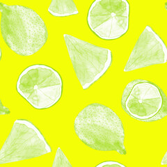watercolor citruses on a bright yellow-green background. tropical fruit seamless pattern. Hand-drawn lemons and limes.