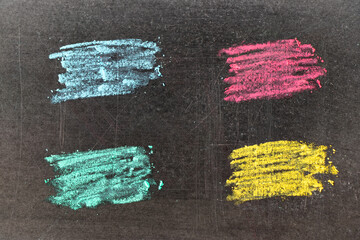 Grunge color chalk art brush in square line shape on black board background. Decoration and design element