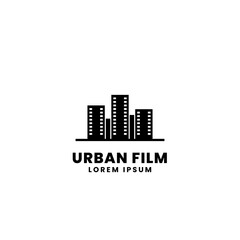 Urban city film logo design. Film strip with building vector illustration for movie production studio graphic template.