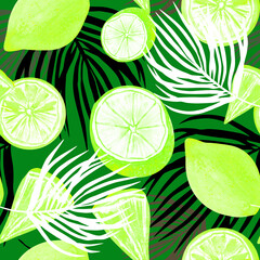 tropical print on a green background, seamless citrus pattern. juicy limes, lemons and palm branches. drawn watercolor fruits.