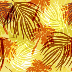 tropical print on a yellow background, coconut palm and leaf seamless pattern. silhouettes of trees and foliage on a hot day. sun in the jungle.