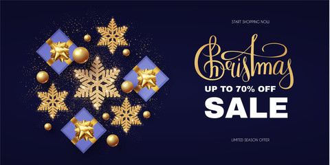Fototapeta na wymiar Christmas Sale design template with gifts, glossy golden balls, elegant gold snowflakes and lettering.