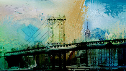 Manhattan bridge. Digital painting and mixed media in pastel colors