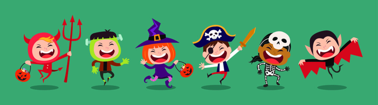 Funny and cute kids vector cartoon character. Kids in halloween costumes.