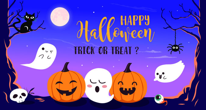 Happy Halloween with funny pumpkin and cute ghost cartoon character. Halloween design elements.