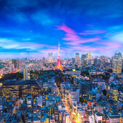 Cityscape of Tokyo, city aerial skyscraper view of office building and downtown and street of ...