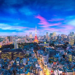Foto op Canvas Cityscape of Tokyo, city aerial skyscraper view of office building and downtown and street of  minato in tokyo with sunset / sun rise background. Japan, Asia © lukyeee_nuttawut