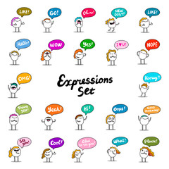 Big expressions set hand drawn vector illustration in cartoon comic style