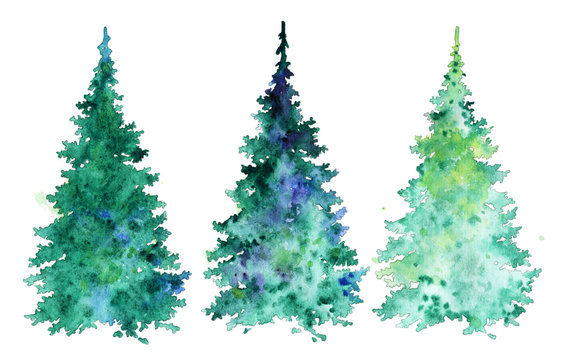 Collection of colorful trees for creating greeting cards. Set of Christmas trees. watercolor illustration. plant element for design and creativity.