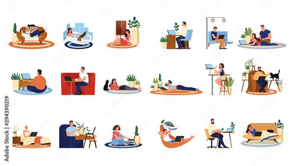 Poster people with laptop computer set. collection of character