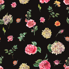 Cute Watercolor Vintage Floral Seamless Pattern with Pink Roses, Hydrangea, Snail and Wild Flowers, Botanical Texture