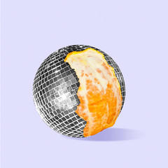 Discover new taste of sound and music. Orange as a disco ball on purple background. Negative space to insert your text. Modern design. Contemporary colorful and conceptual bright art collage.